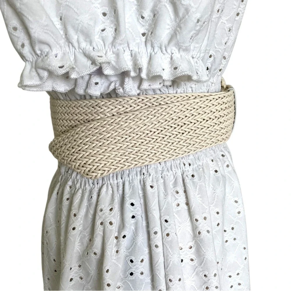 Natural Woven Faux Straw Wide Waist Belt Chunky Round Buckle Cottage Boho summer